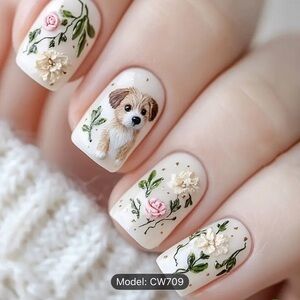 Designer 24Pcs Glossy Finish Press on Nails Pastel Floral & Puppy Pink Roses
